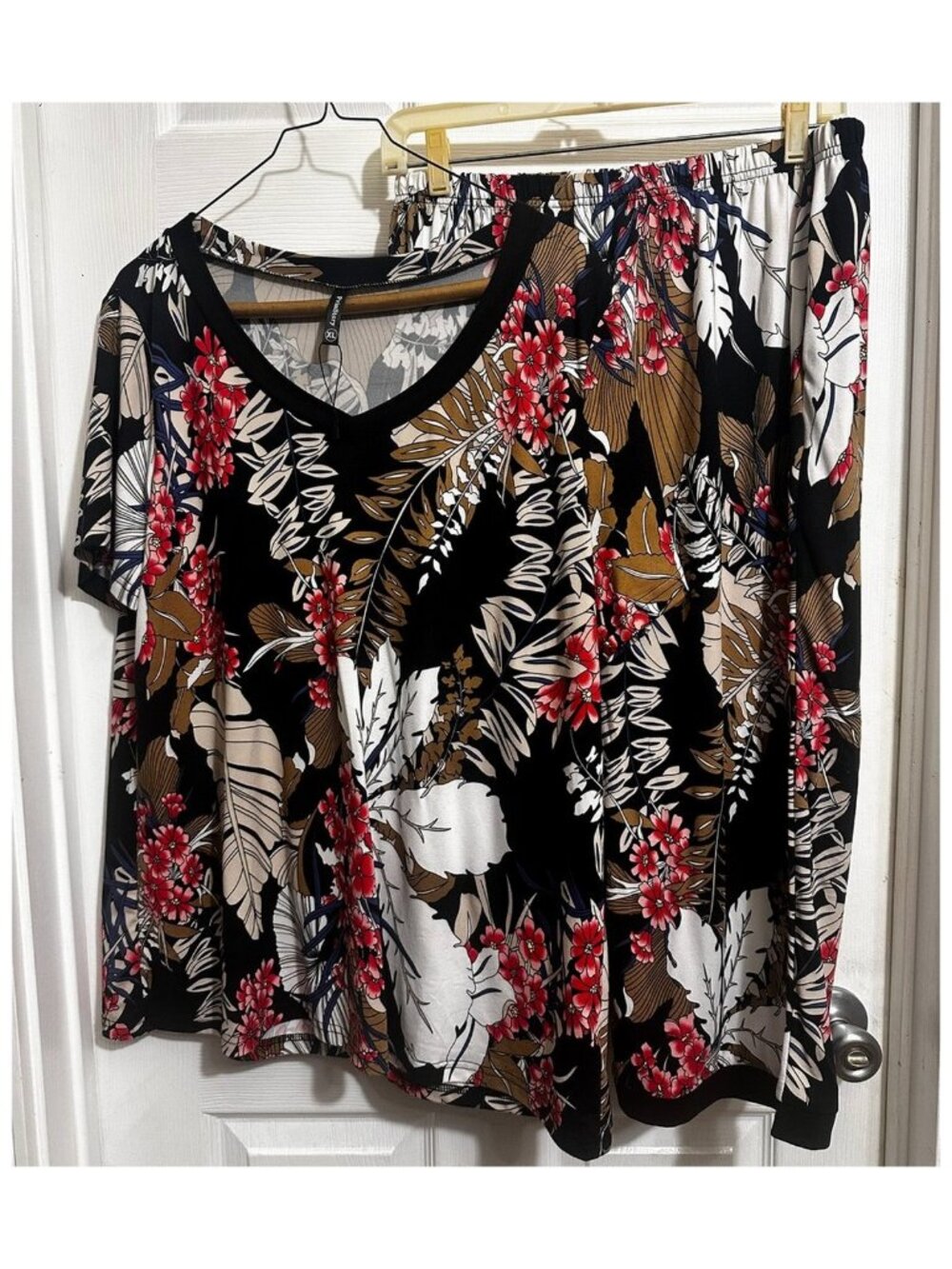 PrinStory Set Outfit Top & Bottom Blouse & Pants Gorgeous Flower Pattern Size XL